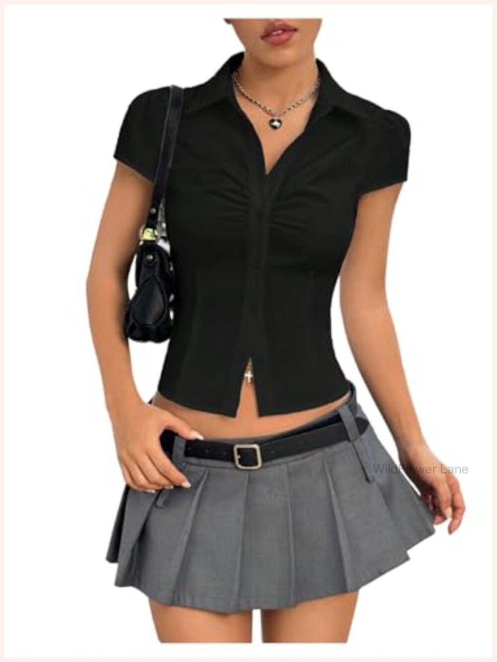 Women's Button Down Short Sleeve Ruched Collared Blouse Crop Top